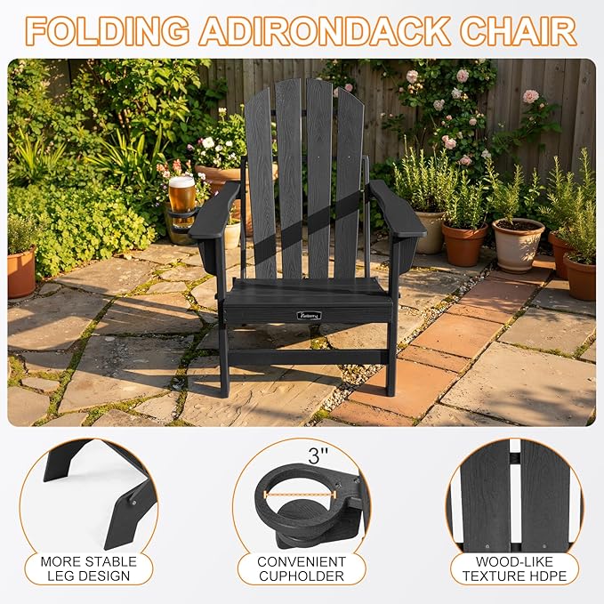 FUNBERRY Folding Adirondack Chairs Set of 4, HDPE Stable Gun-Leg Design Fire Pit Chairs with Cupholder All Weather for Outside