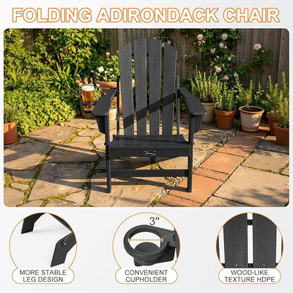 FUNBERRY Folding Adirondack Chairs Set of 4, HDPE Stable Gun-Leg Design Fire Pit Chairs with Cupholder All Weather for Outside