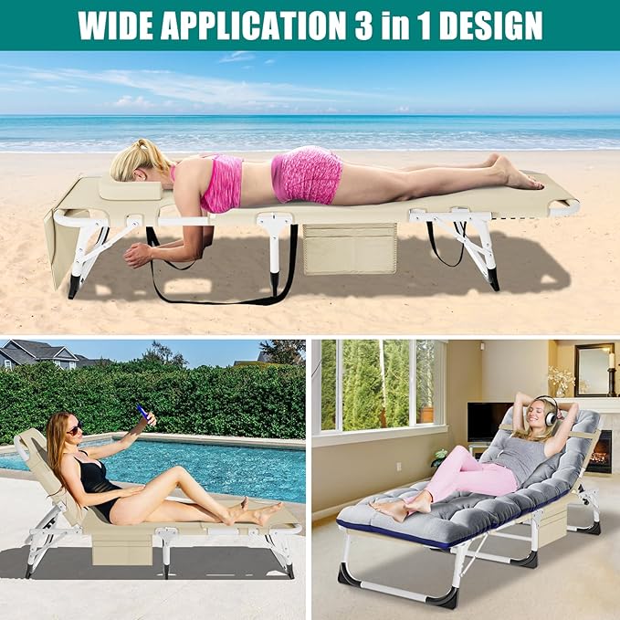 DoCred Heavy Duty Tanning Chair with Face Hole, Adjustable 5-Position Folding Chaise Lounge Chairs for Outside - Photo 7
