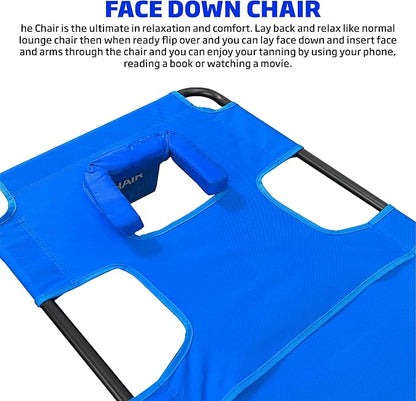 Face Down Tanning Chaise Lounge Chair - Face & Arm Holes - 2 Legs Support - Polyester Material – Backrest Positions - Head Rest Pillow - Beach or Home Use – Read and Tan - Blue Stripes Pattern