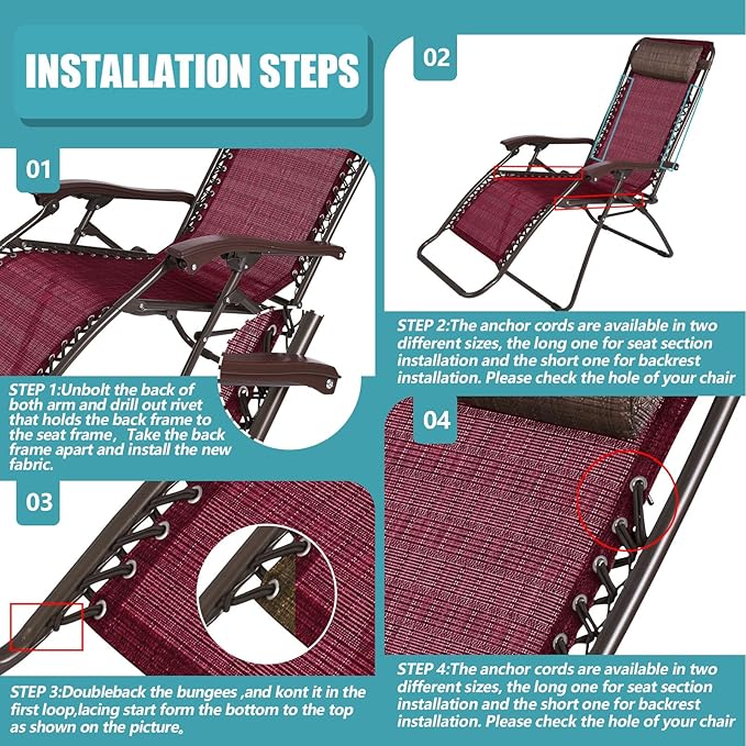 Queekay Chair Replacement Fabric with 4 Bungee Cord Lounge Chair Cloth Mesh Repair Kit for Patio Recliner Outdoor Lawn - Photo 3