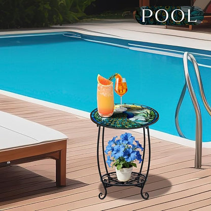 Outdoor Side Table Round Small Mosaic Patio Accent Indoor End Plant Coffee Tea Table for Yard Patio Porch Garden Living Room, Bedroom(Peacock Style,12 Inch)