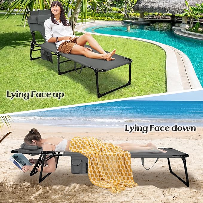 GYMAX Tanning Chair, Folding Lounger with Face/Arm Holes, Carry Handles & Side Pocket - Photo 2