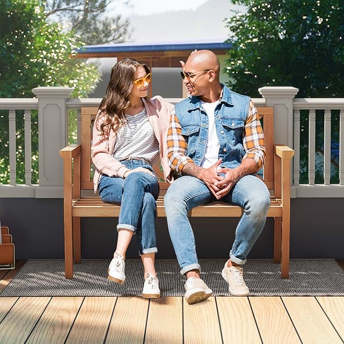 Tangkula Outdoor Garden Bench, 2-Person Teak Wood Bench with Comfy Armrests and Backrest, Slatted Seating Area, 800 LBS Weight Capacity, Patio Wood Loveseat Chair for Porch, Backyard, Park, Natural