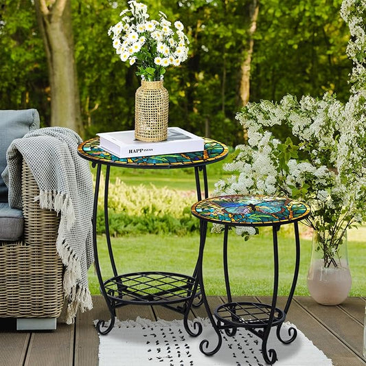 2 Pcs Outdoor Side Table Small Patio Round Mosaic Accent End Table Indoor Plant Metal Coffee Tea Tables for Patio Yard Porch Garden Living Room(12" and 16",Butterfly Style)
