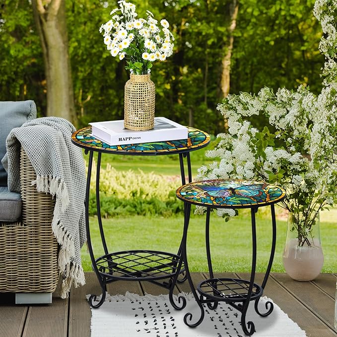2 Pcs Outdoor Side Table Small Patio Round Mosaic Accent End Table Indoor Plant Metal Coffee Tea Tables for Patio Yard - Photo 5