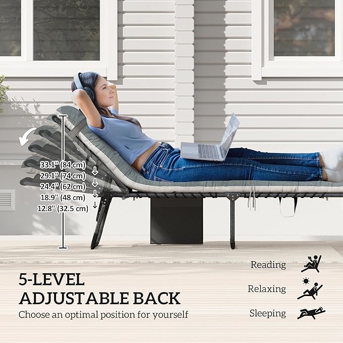 Outsunny Chaise Lounge Chair Outdoor Set of 2, 5-Position Adjustable Outdoor Pool Lounge Chairs, Folding Tanning Chair Beach Lounger with Cushion, Headrest, Side Pocket for Patio, Yard, Gray
