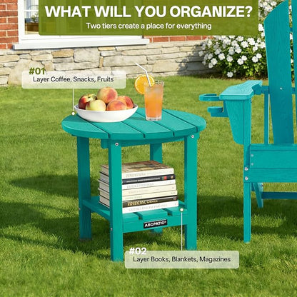 Outdoor Side Table Round - Patio Side Tables - HDPE Small Outdoor End Table for Backyard Pool Porch Balcony - Double Layer Storage - Turquoise (Wood Grain Finish)