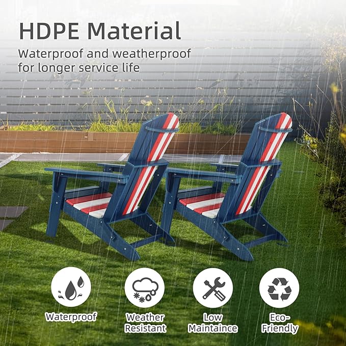 Aoodor Folding Adirondack Chair HDPE Outdoor All-Weather Chair for Patio, Garden, Backyard, Lawn, Fire Pit, Red&White&Blue