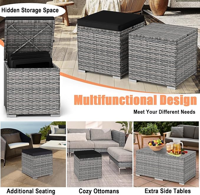 RELAX4LIFE Wicker Outdoor Storage Ottoman - 2-Piece Rattan Footstool w/Removable Cushion - Photo 5