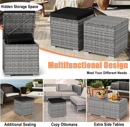 RELAX4LIFE Wicker Outdoor Storage Ottoman - 2-Piece Rattan Footstool w/Removable Cushion, Multipurpose Footrest Foot Stool Seating, Set of 2 Outdoor Ottomans for Patio Deck (Mix Grey-Black)