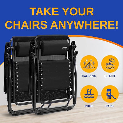 SereneLife Zero Gravity Outdoor Lounge Chairs 2 Pack – Folding Recliners with Side Table, Cup Holder & Padded Headrest – Adjustable Patio Chairs for Lawn, Garden, Deck, Camping (Black)