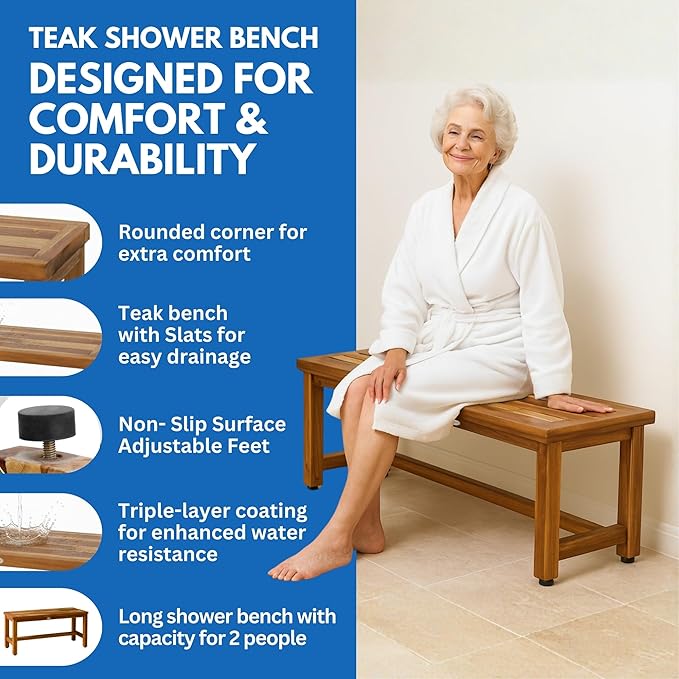 Decoteak EcoDecors Eleganto 47 Inch Natural Color Waterproof Teak Wood Shower Bench Stool Seat Chair for Inside Shower Provides Safety, Storage, and Organization for Bathroom Accessories