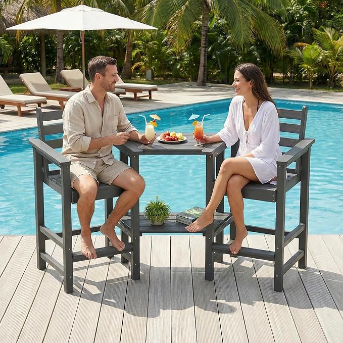GLANC Tall Adirondack Chairs Set of 2, All Weather Resistant HDPE Bar Height Balcony Adirondack Chair with Removable Connecting Trays, Outdoor Adirondack Barstools for Deck Patio Pool Lawn (Grey)