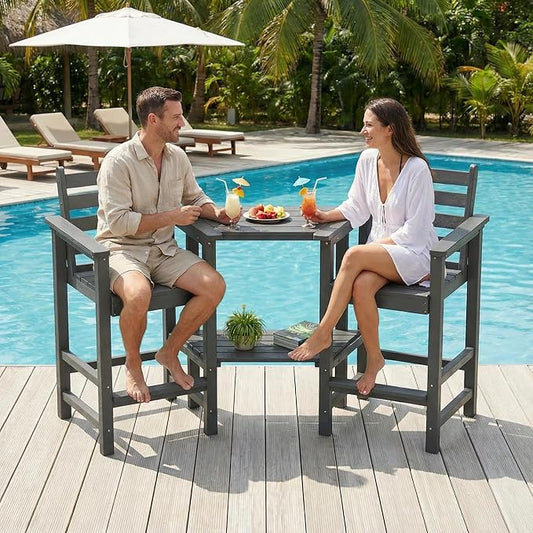 GLANC Tall Adirondack Chairs Set of 2, All Weather Resistant HDPE Bar Height Balcony Adirondack Chair with Removable Connecting Trays, Outdoor Adirondack Barstools for Deck Patio Pool Lawn (Grey)