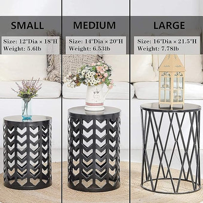 Y&M Set of 3 Black End Tables, Nesting Metal Round Coffee Table, Heavy Duty Meta Plant Stand Decorative Garden Stool, Outdoor Multifunctional Use