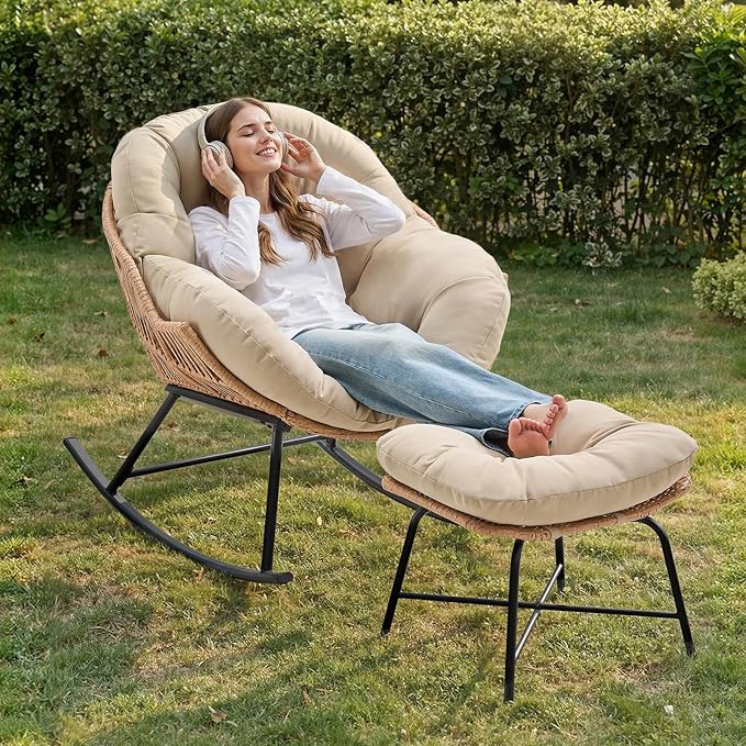 ONBRILL Papasan Rocking Chair with Ottoman,Oversized Papasan Chair with Padded Cushion, Indoor & Outdoor Rocker Chair for Living Room, Patio, Garden, Beige