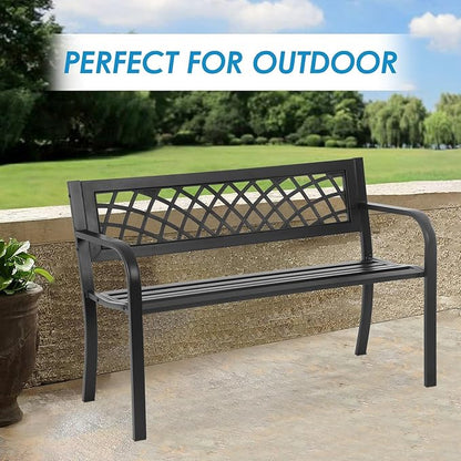 Garden Bench Anti-Rust Metal Patio Park Benches Waterproof Outdoor Cast-Iron Bench with Mesh Pattern Plastic Backrest Armrests,Black