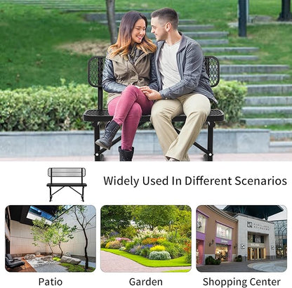 4FT Outdoor Metal Bench with Backrest & Portable Frame, Garden Patio Bench for 1-3 People, Park Benches for Outside Rust Proof, Commercial Heavy Duty Park Bench, Yard, Front Porch, School