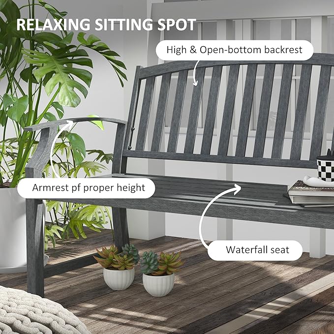 46" Outdoor Garden Bench, Metal Bench, Wood Look Slatted Frame Furniture for Patio, Park, Porch, Lawn, Yard, Deck, Gray