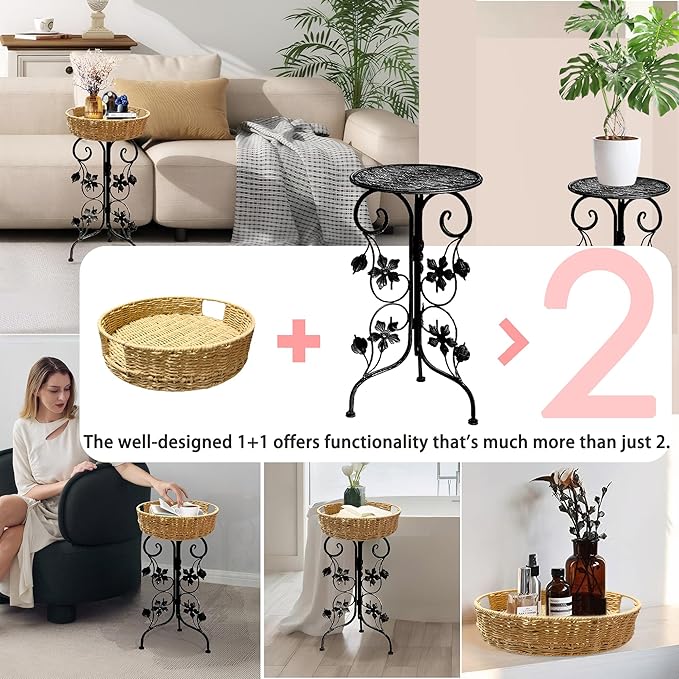 Outdoor Metal Patio Folding Side Table with Removable Wicker Tray, Boho Woven Rattan Plant Stand, Small Round Coffee end Table (Seagrass, Black)