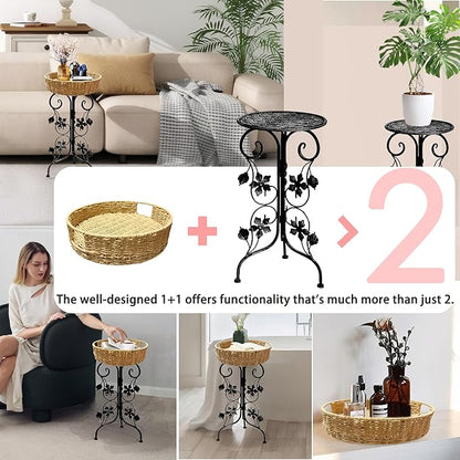 Outdoor Metal Patio Folding Side Table with Removable Wicker Tray, Boho Woven Rattan Plant Stand, Small Round Coffee end Table (Seagrass, Black)