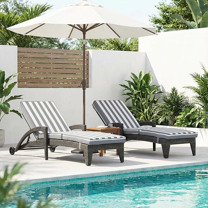 Chaise Lounge Chairs Set of 2, Upholstered 5-Positions Adjustable Pool Loungers, 80" Long Wicker Outdoor Lounge Chairs, Patio Chaise Lounges with Wheels for Sunbathing/Deck/Yard, Stripe