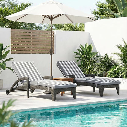 Chaise Lounge Chairs Set of 2, Upholstered 5-Positions Adjustable Pool Loungers, 80" Long Wicker Outdoor Lounge Chairs, Patio Chaise Lounges with Wheels for Sunbathing/Deck/Yard, Stripe