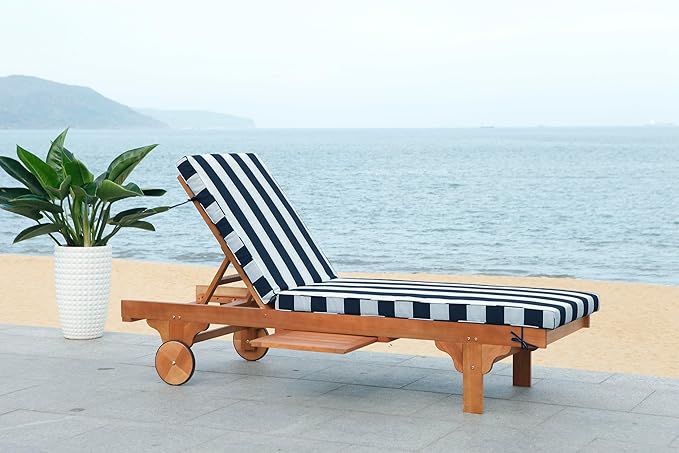 SAFAVIEH Outdoor Collection Newport Natural/ Navy & White Stripe Cushion Built-in Side Table Adjustable Chaise Lounge - Photo 2
