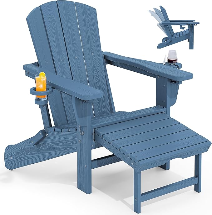 KINGYES Folding Adjustable Adirondack Chair with Retractable Ottoman, HDPE Recliner Adirondack Chair with Cup Holder, Blue