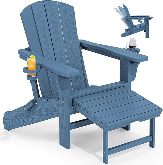 KINGYES Folding Adjustable Adirondack Chair with Retractable Ottoman, HDPE Recliner Adirondack Chair with Cup Holder, Blue