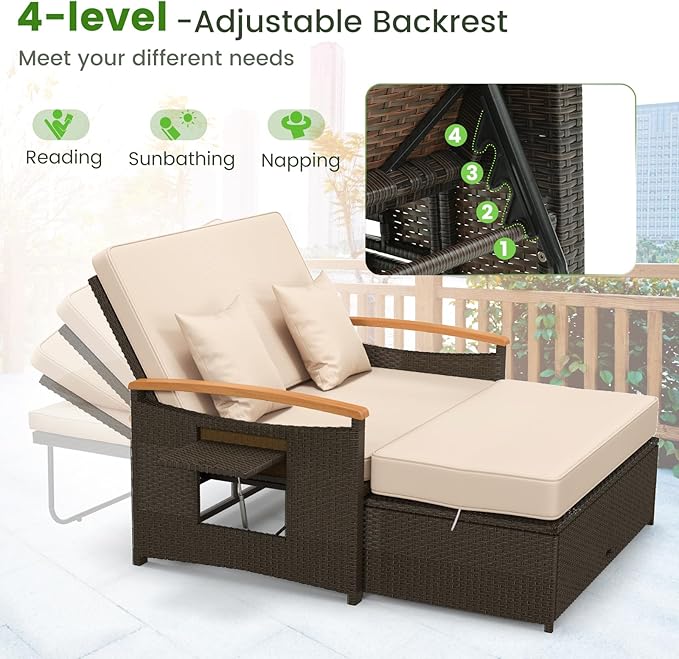 Tangkula Patio Rattan Daybed with 4-Level Adjustable Backrest, Outdoor Wicker Loveseat with Acacia Wood Armrest - Photo 5