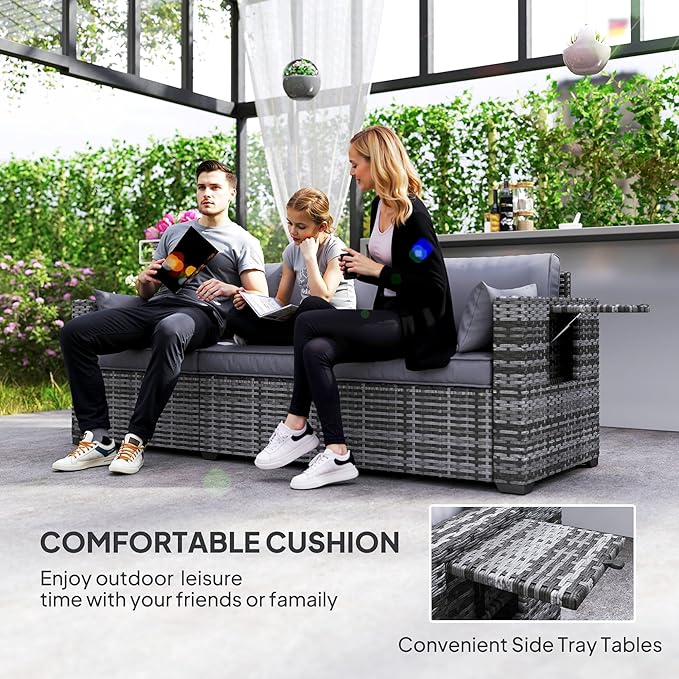Outsunny 3 Seater Wicker Sofa with Side Tray Tables, Rattan Outdoor Patio Sofa with 6" Thick Back Cushions - Photo 4