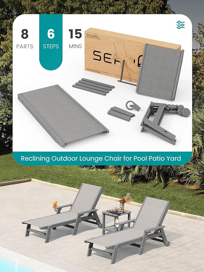 SERWALL Patio Chaise Lounge Chair, 5 Positions Outdoor Lounger for Pool - Photo 8