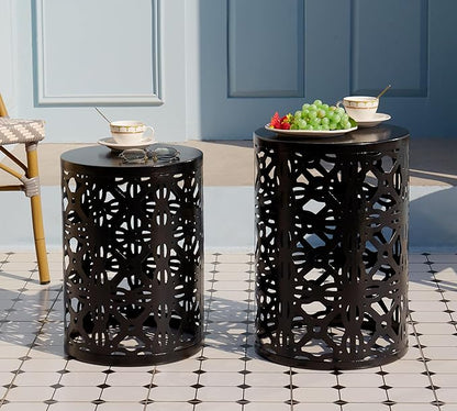 HFHOME Set of 3 Metal Outdoor Side Table, Nesting Round Coffee Table for Indoor Outdoor, Heavy Duty End Tables Plant Stand Living Room Garden Stool - Black