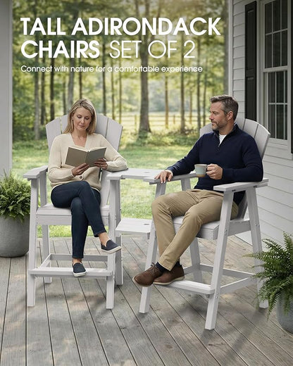 Tall Adirondack Chairs Set of 2, HDPE High Adirondack Chairs with Double Removable Trays, All Weather Outdoor Barstools for Patio, Balcony, Backyard, Deck and Garden, White
