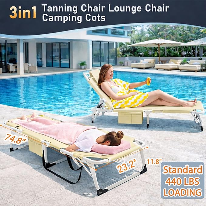 ABORON 4-in-1 Lounge Chair with Face & Arm Holes for Tanning, 440LB Heavy-Duty Folding Recliner with Plush Cotton Cushion, No Assembly Tri-Fold Guest Bed for Sunbathing, Poolside, Office Nap & Camping
