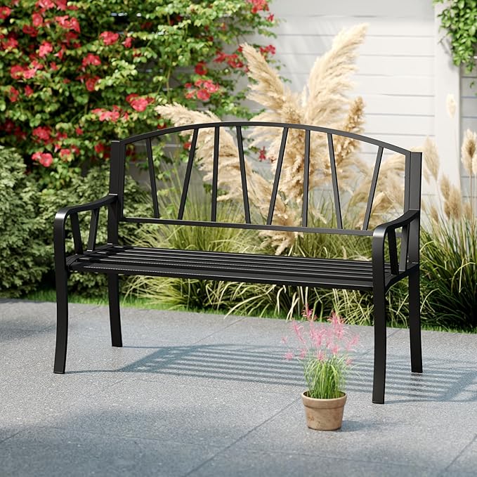 Giantex Garden Bench for Outside 51 Inch, Outdoor Bench with Metal Frame, Patio Metal Bench with Backrest, Armrests and Slatted Seat for Park, Porch, Backyard, 660 lbs Max Load, Black