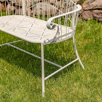 Zaer Ltd. Vintage Style Metal Patio Furniture with Heart Design Accents, Outdoor/Indoor Decor (Distressed White, Garden Bench)