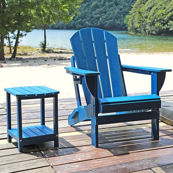 Folding Adirondack Chair, HDPE Outdoor Texture Lawn Chair with Reclining Back, Cup and Phone Holder - Comfortable Firepit Chair Weather Resistant for Patio or Backyard (Blue, Set of 4)