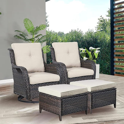 Rilyson Wicker Patio Furniture Set - 4 Piece Rattan Outdoor Sectional Conversation Sets with 2 Swivel Rocking Chairs,2 Ottomans for Porch Deck Garden(Brown/Beige)