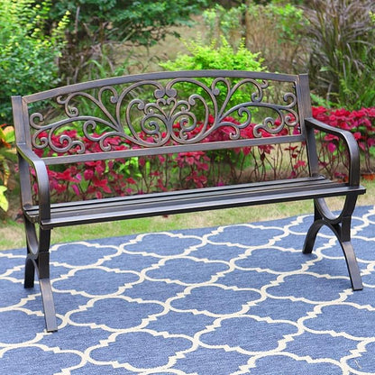 MFSTUDIO Outdoor Metal Bench Set of 2, 50 Inches Outdoor Garden Bench, Cast Iron Metal Frame Patio Park Bench with Floral Pattern Backrest, Arch Legs for Porch Lawn Yard, Bronze