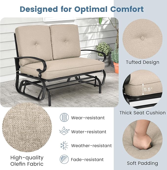Tangkula Outdoor Swing Glider Chair, Patio Glider Bench for 2 Persons, Outdoor Rocking Loveseat with Steel Frame & Comfortable Cushions for Garden, Porch, Balcony, Poolside (Beige)
