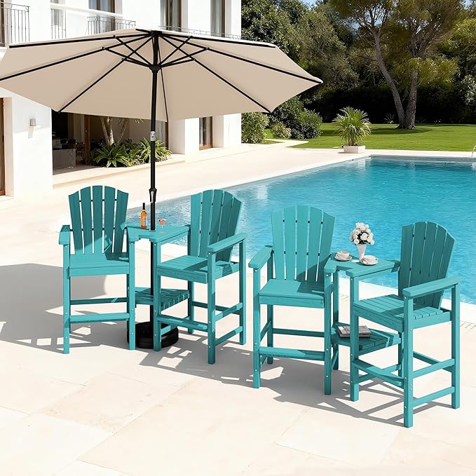KINGYES Embossed Balcony Height Chair with 9FT Umbrella, Tall Poly Adirondack Chair Set of 4 with Double Connecting Trays, High Airondack Chair with Wood Grain, Aruba