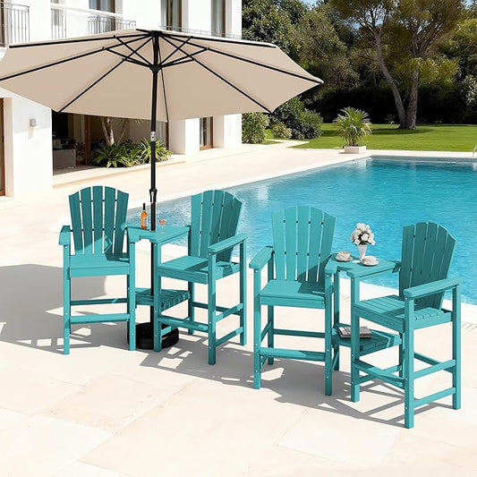 KINGYES Embossed Balcony Height Chair with 9FT Umbrella, Tall Poly Adirondack Chair Set of 4 with Double Connecting Trays, High Airondack Chair with Wood Grain, Aruba