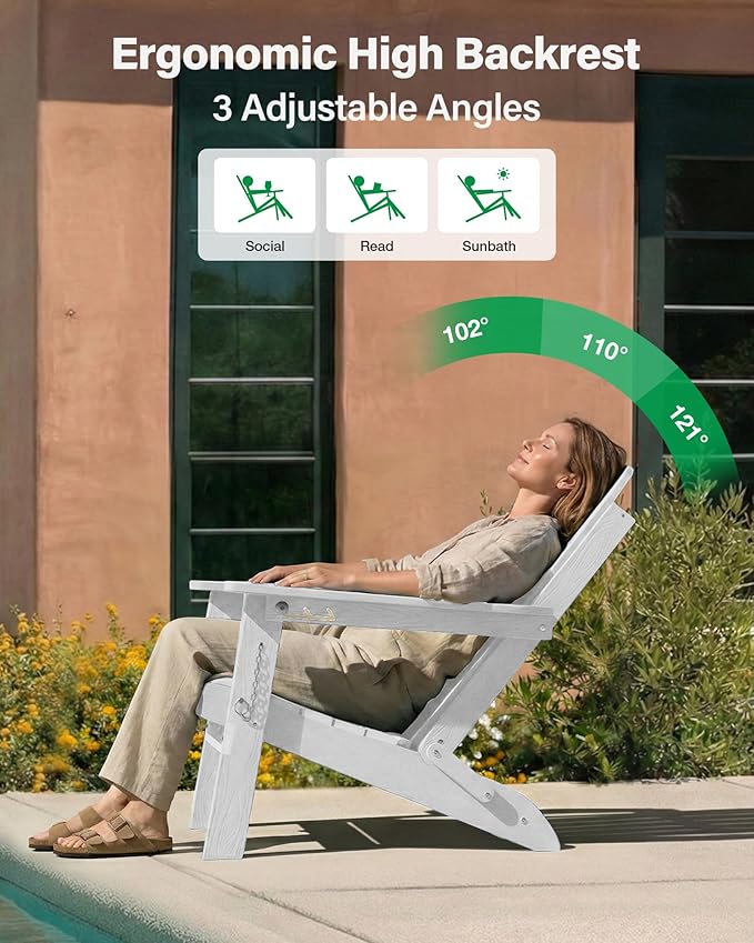 YEFU Folding Adirondack Chair for Outdoor: Plastic Foldable Fire Pit Chair with Cup Holder & Adjustable Backrest - Sturdy All-Weather HDPE for Outside Patio Poolside - Easy Assembly