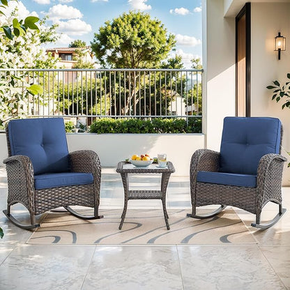 Patio Rocking Chair - 3 Peices Outdoor Wicker Rocker Porch Chair Set with Tempered Glass Side Table, 300 Lb Weight Capacity Rattan Seating for Balcony Garden Brown-Blue