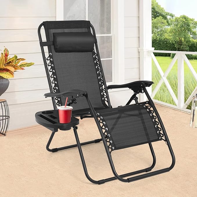 Zero Gravity Chair Patio Chairs Lounge Patio Chaise 1 Pack Adjustable Reliners for Pool Yard with Cup Holder (Black) - Photo 8