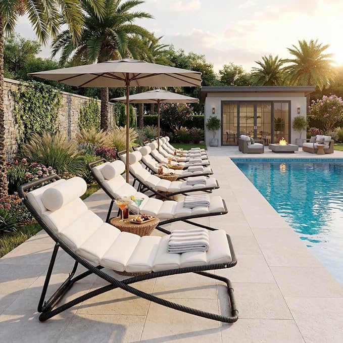 Outdoor Chaise Lounge Chair Set of 2, Patio Chaise Lounge Recliner, Poolside Chaise Lounge with Thick All-Weather Cushions for Patio, Deck and Backyard(D)
