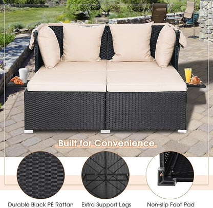 RELAX4LIFE Patio Outdoor Daybed with Canopy, Wicker Sunbed w/Cushions, 4 Pillows & 2 Retractable Side Trays, 2-Person Lounge Bed Conversation for Poolside Porch Garden, Rattan Outdoor Bed (Beige)